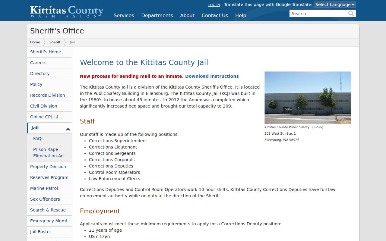 Kittitas County arrest records and county jail custody information