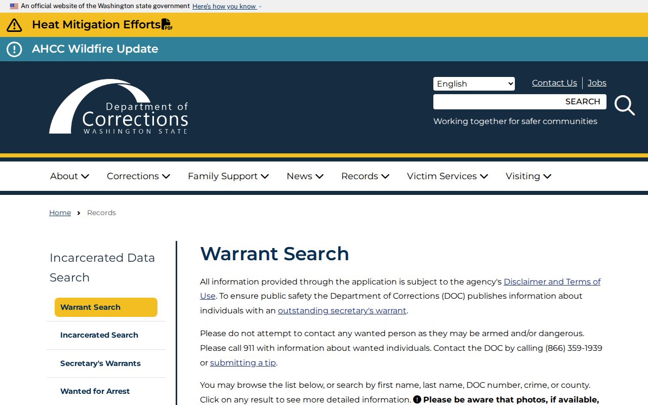 Kittitas County arrest search and Washington DOC secretary warrant limits