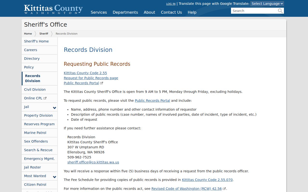 Kittitas County arrest records request through the Sheriff Records Division