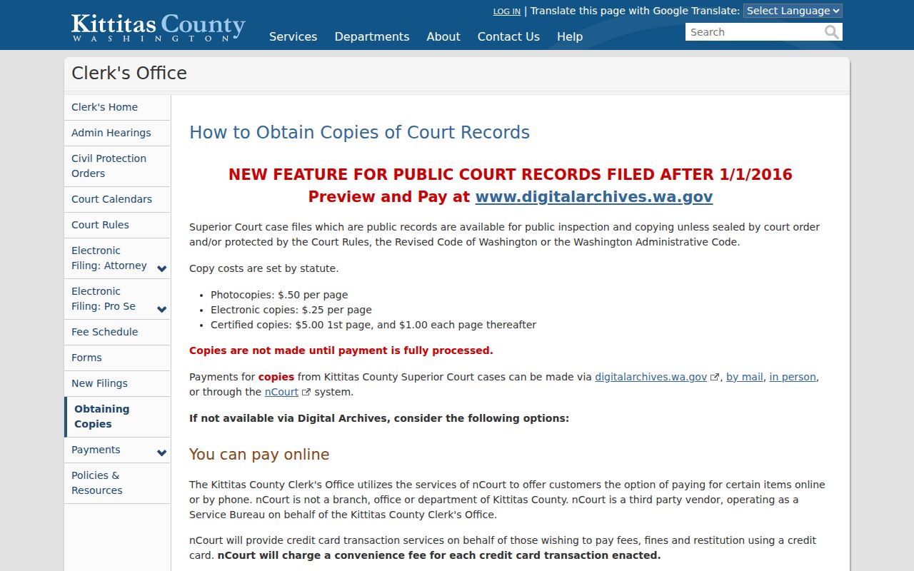 Kittitas County criminal court case inspection and copy instructions