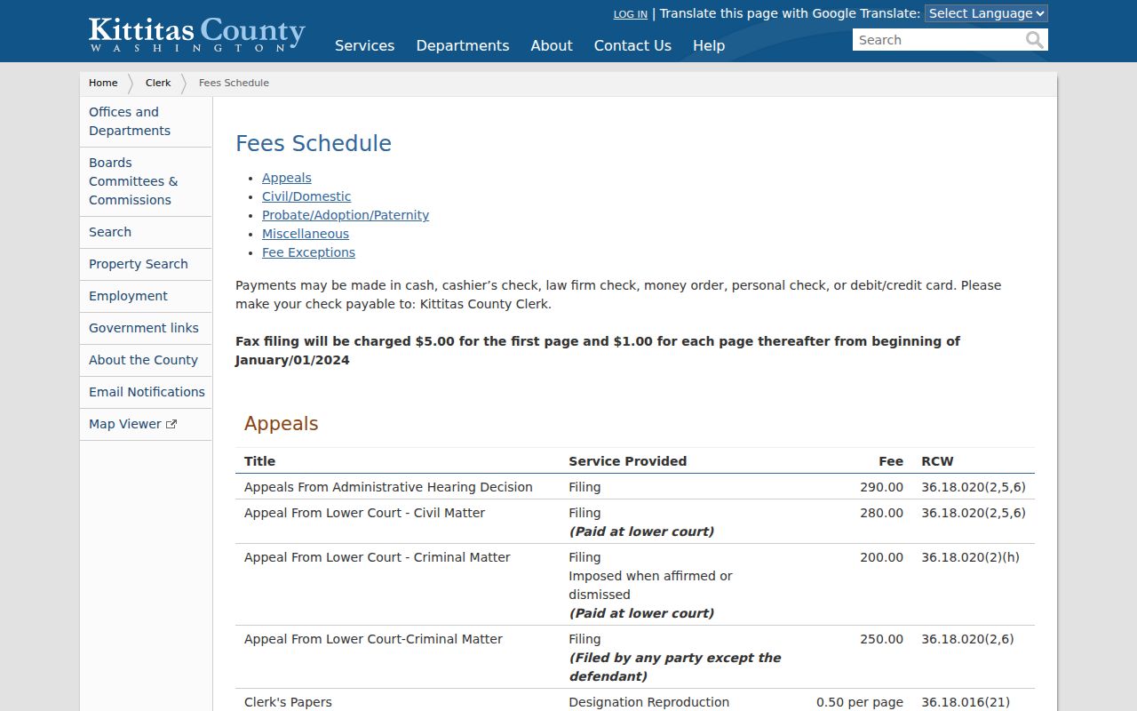 Kittitas County criminal court case copy and certification fee schedule