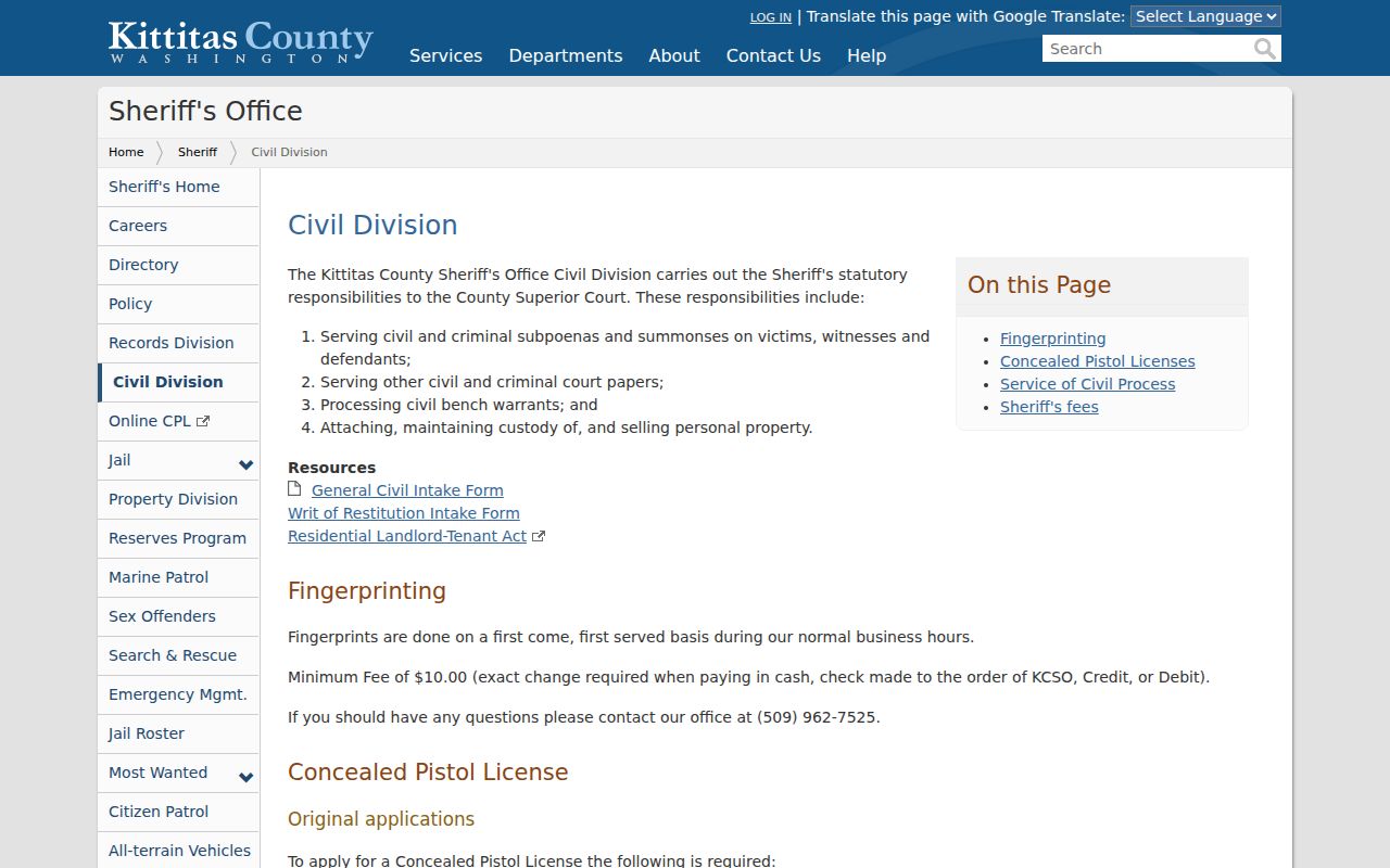 Kittitas County criminal record check and fingerprint fees
