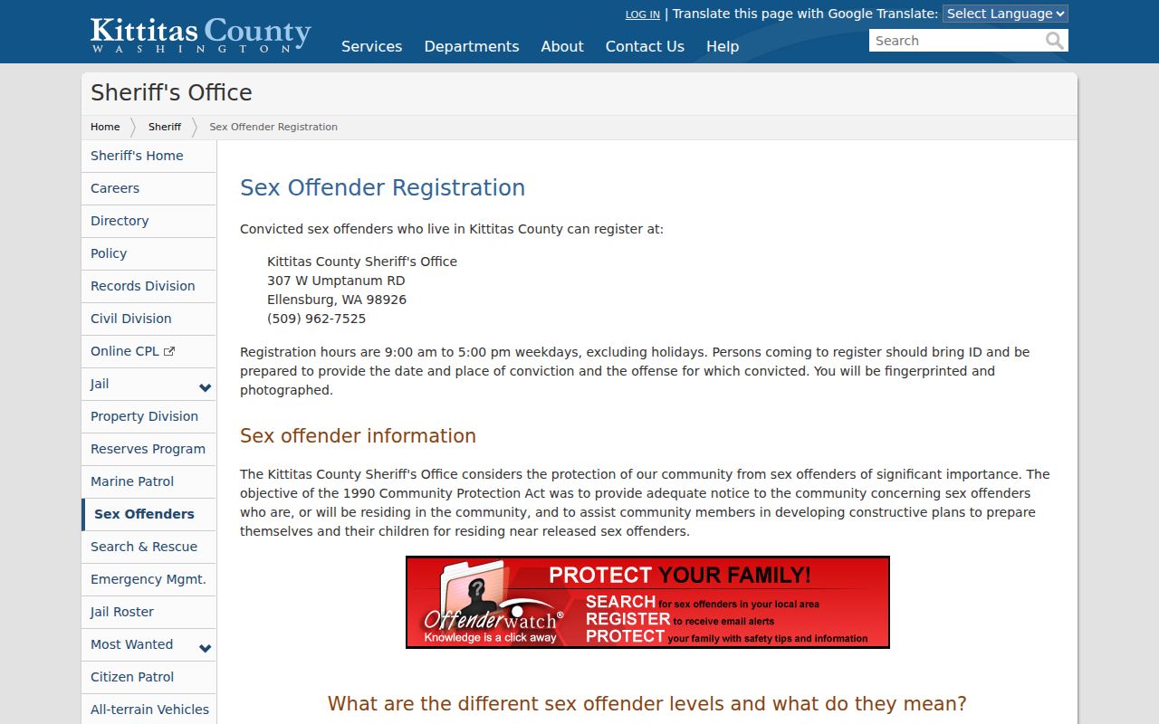 Kittitas County sex offender registration and risk level information
